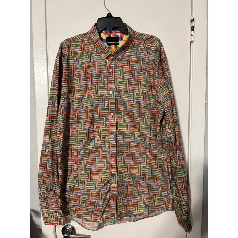 Eight X Premium Mens Slim Fit‎ Geometric Maze Print Cotton Button Down Shirt L